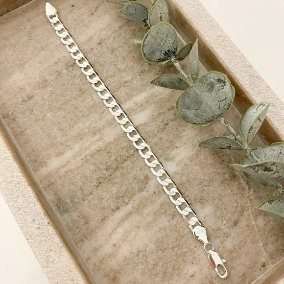 925 Sterling Silver Flat Curb Chain Bracelet 6 MM Dainty Chain Link Bracelet - Picture 2 of 6